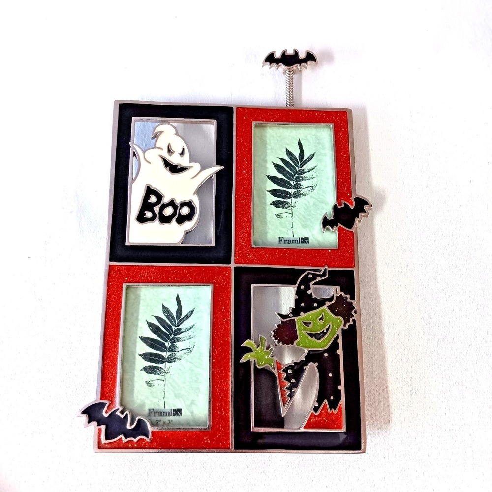 Halloween Double Picture Frame Ghost Witch Bat Glitter Orange Black 2 Photo - Picture 6 of 9
